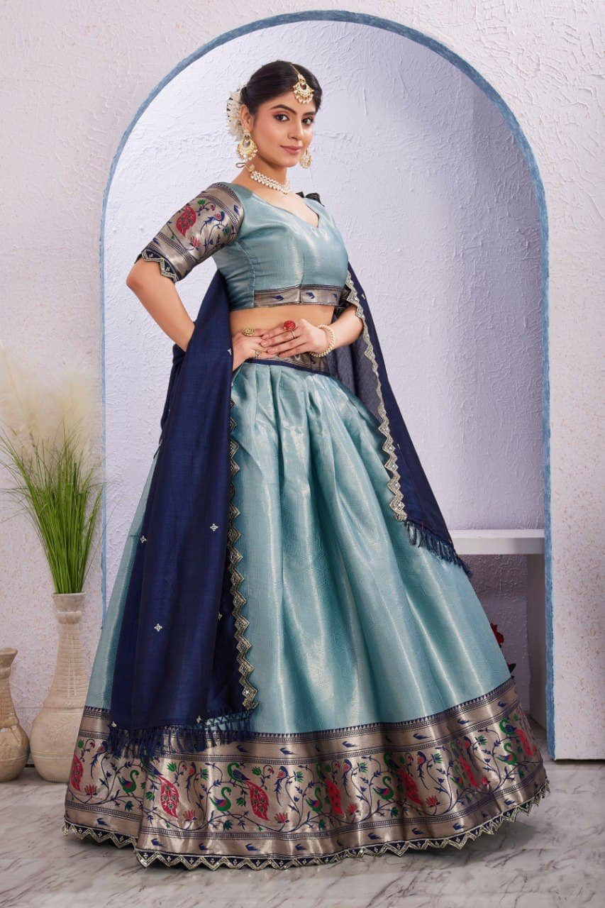 Morni Woven Jacquard Silk Lehenga Set with Embroidered Vichitra Silk Dupatta - Teal Blue image