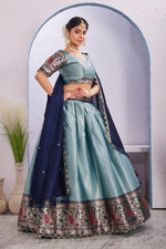 Morni Woven Jacquard Silk Lehenga Set with Embroidered Vichitra Silk Dupatta - Teal Blue image