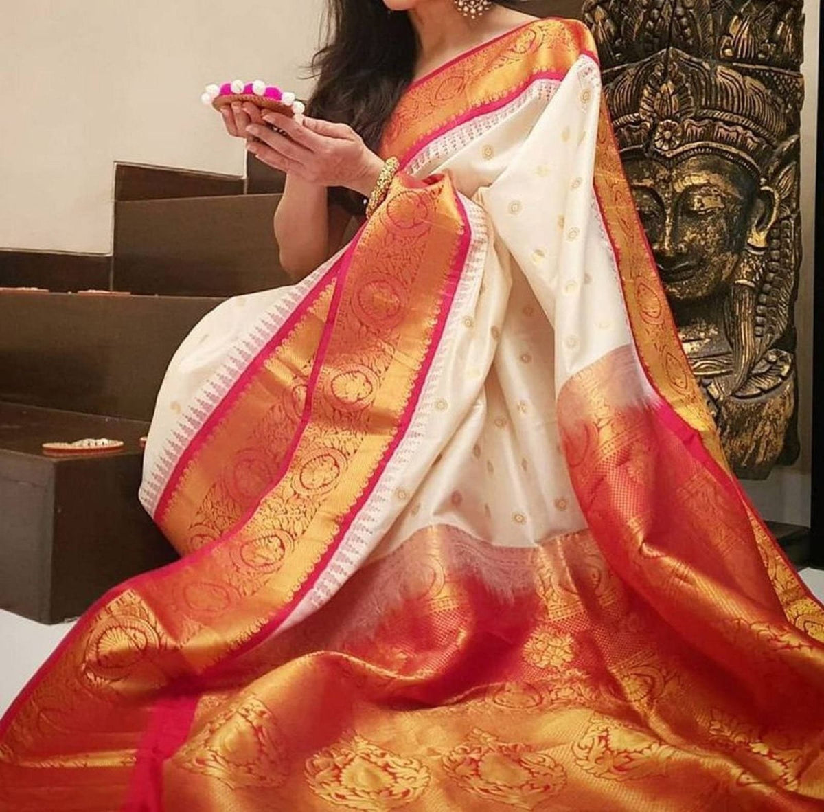 White & Red Soft Lichi Silk Saree with Rich Jacquard Work image 4