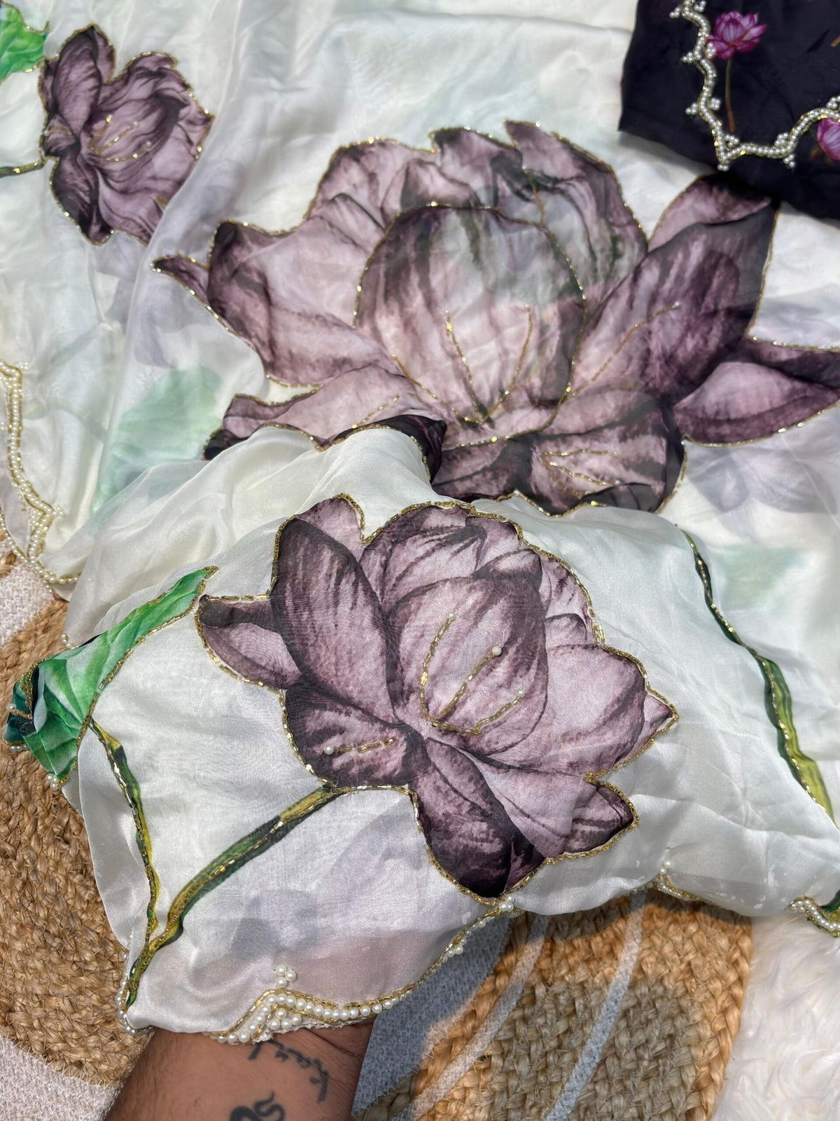 Maskat Pure Soft Tebby Silk Saree with Digital Floral Print & Hand Cutdana-Moti Work image 4