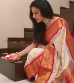 White & Red Soft Lichi Silk Saree with Rich Jacquard Work image 3