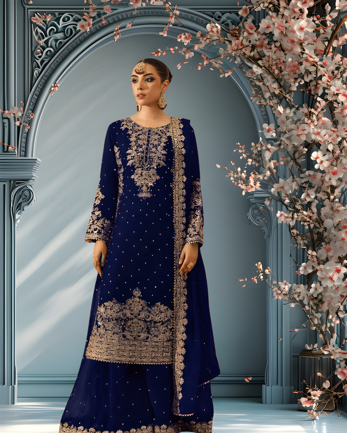 Elegant Foux Georgette Top-Plazo-Dupatta Set with Coding, Sequence & Rivet Moti Work image 1