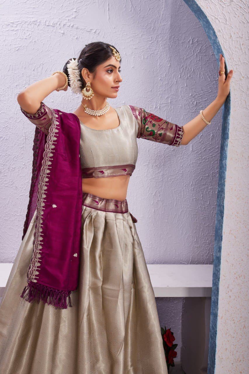 Morni Woven Jacquard Silk Lehenga Set with Embroidered Vichitra Silk Dupatta image 22
