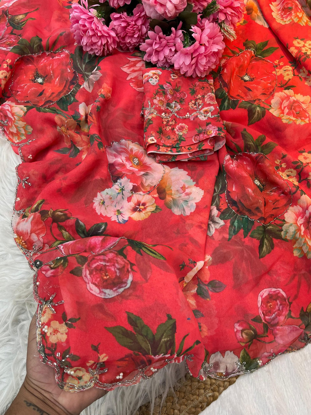 Pure Soft Georgette Saree with Floral Prints & Heavy Hand Khatli + Cutdana Work image 2