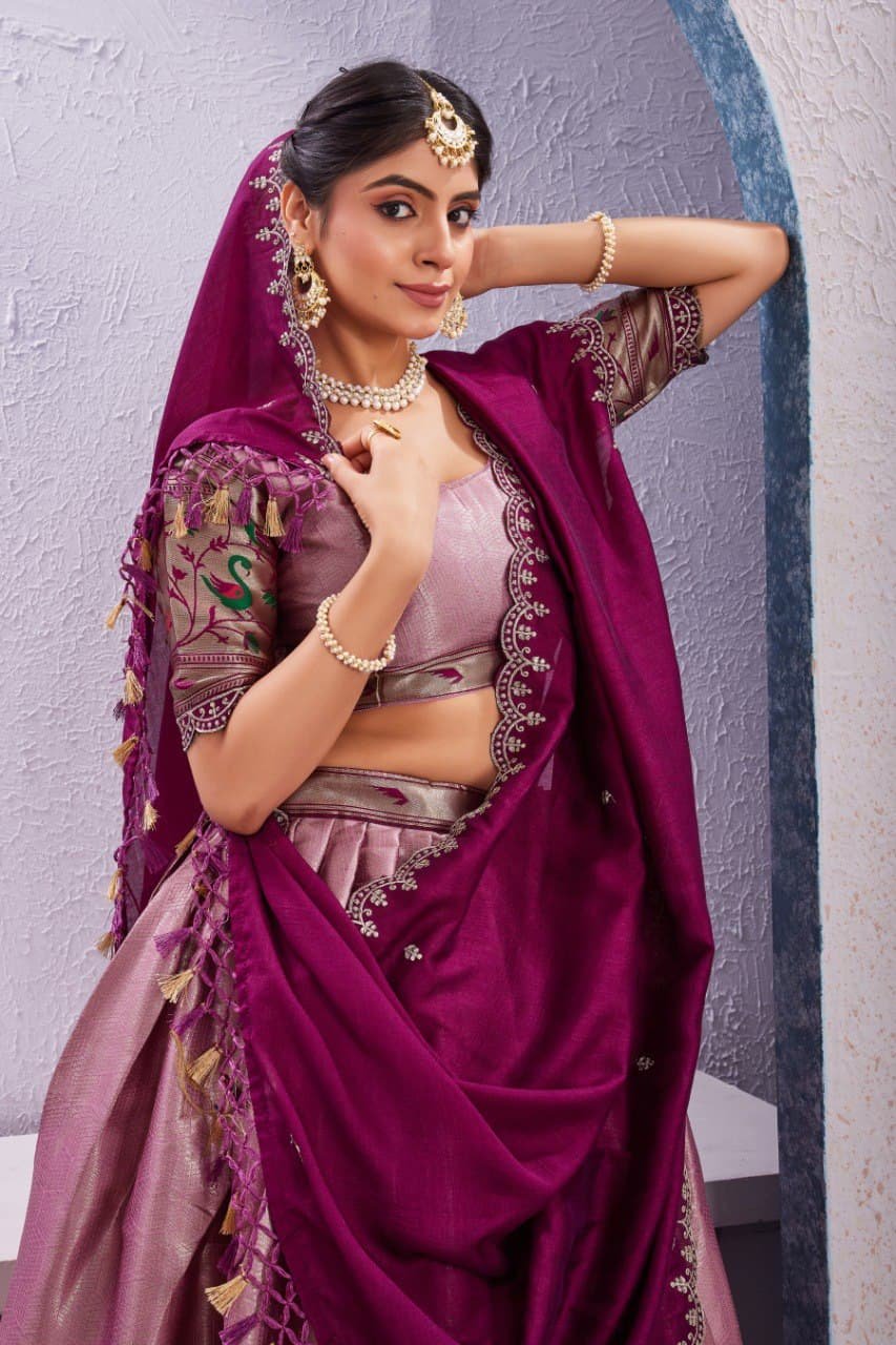 Morni Woven Jacquard Silk Lehenga Set with Embroidered Vichitra Silk Dupatta image 14