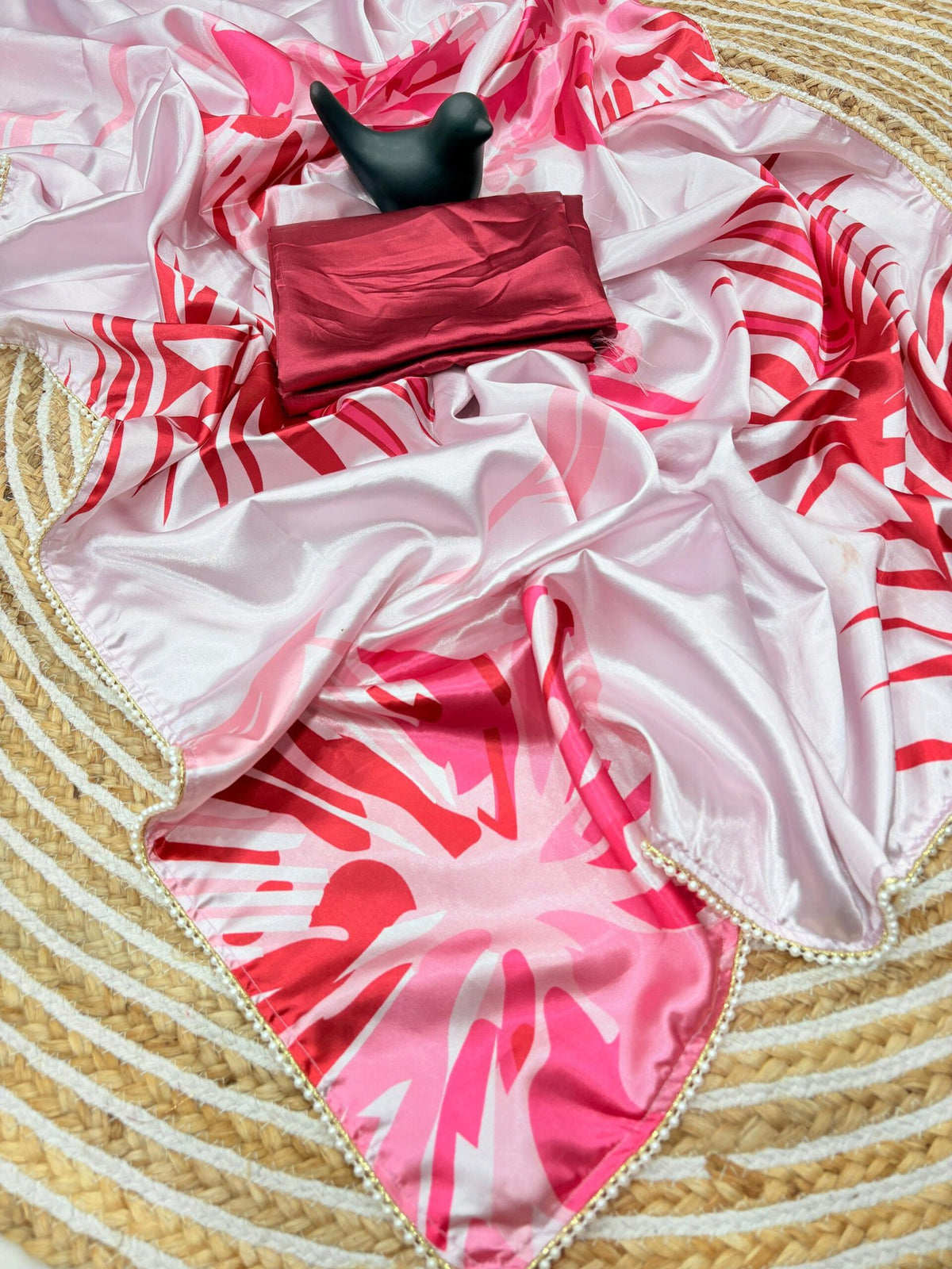 Japan Satin Silk Digital Print Saree with Moti Lace image 5
