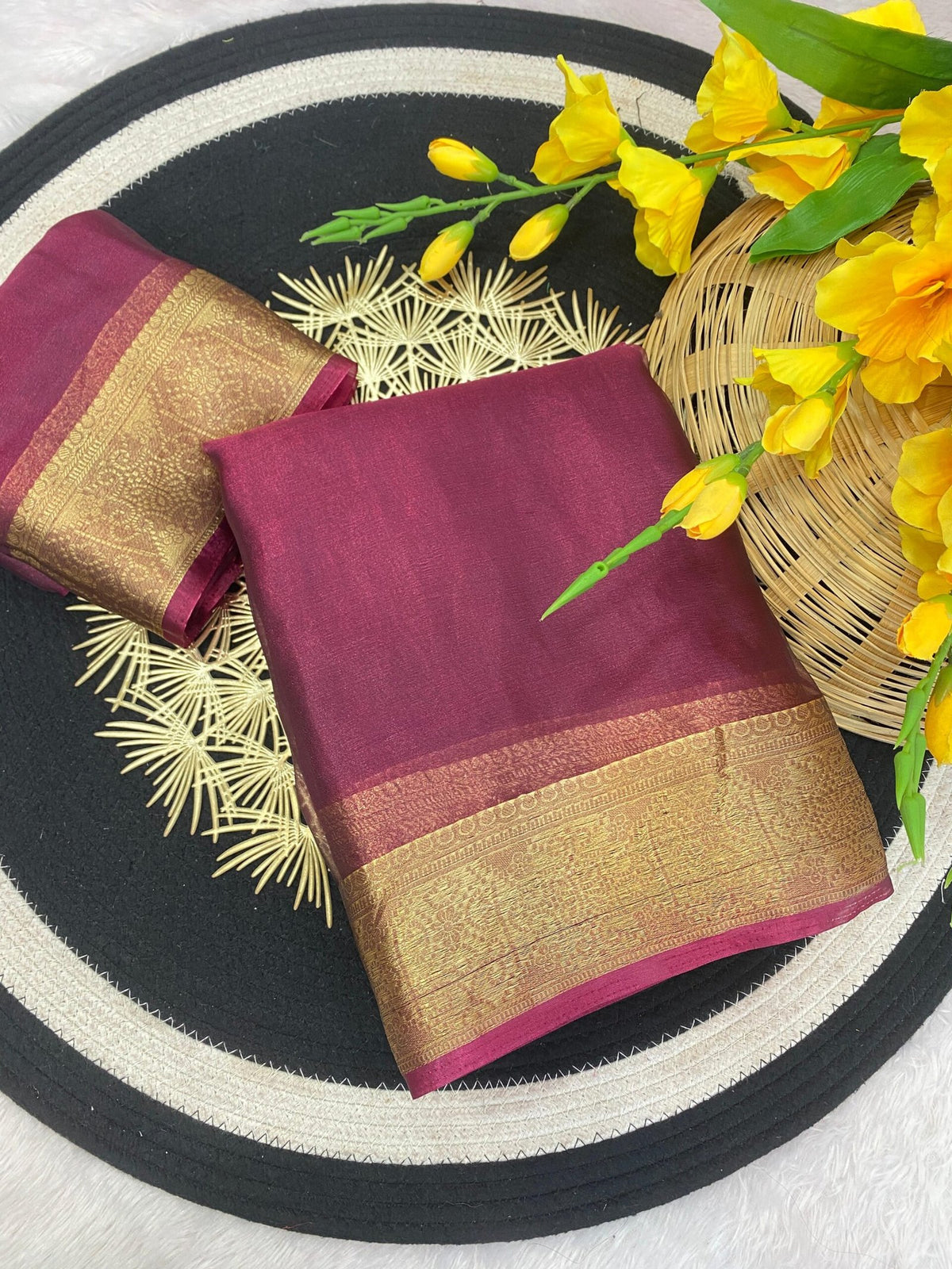 Pure Jacquard Weaving Khadi Silk Tissue Organza Saree with Elegant Border - Wine Maroon image