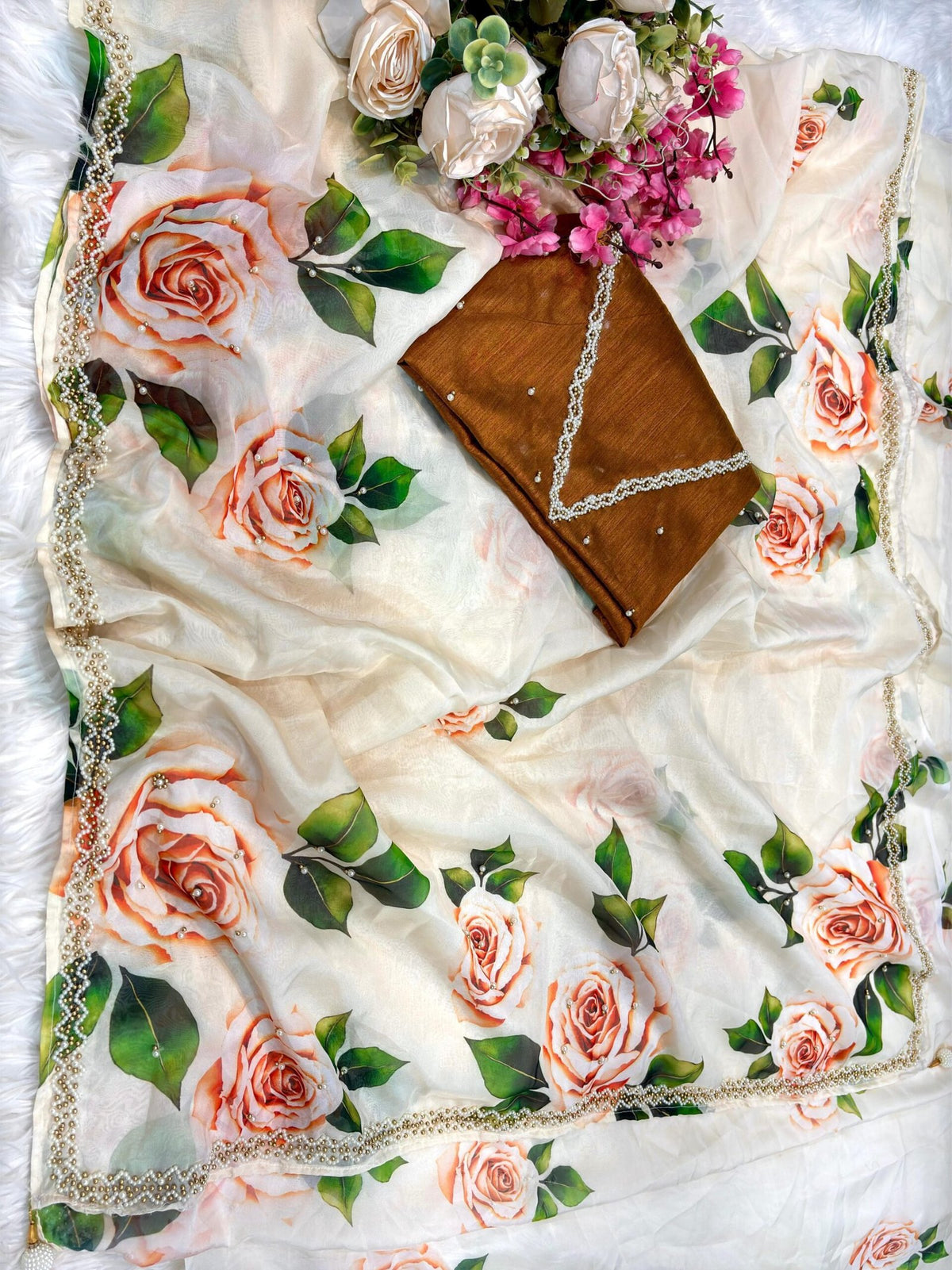 Pure Tebby Silk Saree with Floral Prints & Heavy Khatli Moti Border image 11