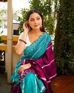 Plain Linen Saree with Mirror & Digital Print Work + Bangalory Satin Blouse - Teal Blue image