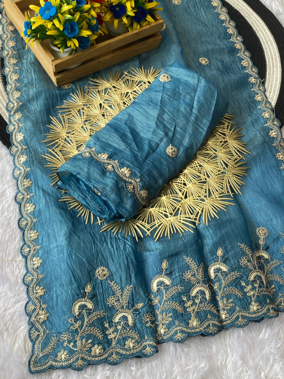 Gold Crush Designer Saree with Silver Embroidery & Sequin Work | Embroidered Blouse | Premium Ethnic Wear image 1