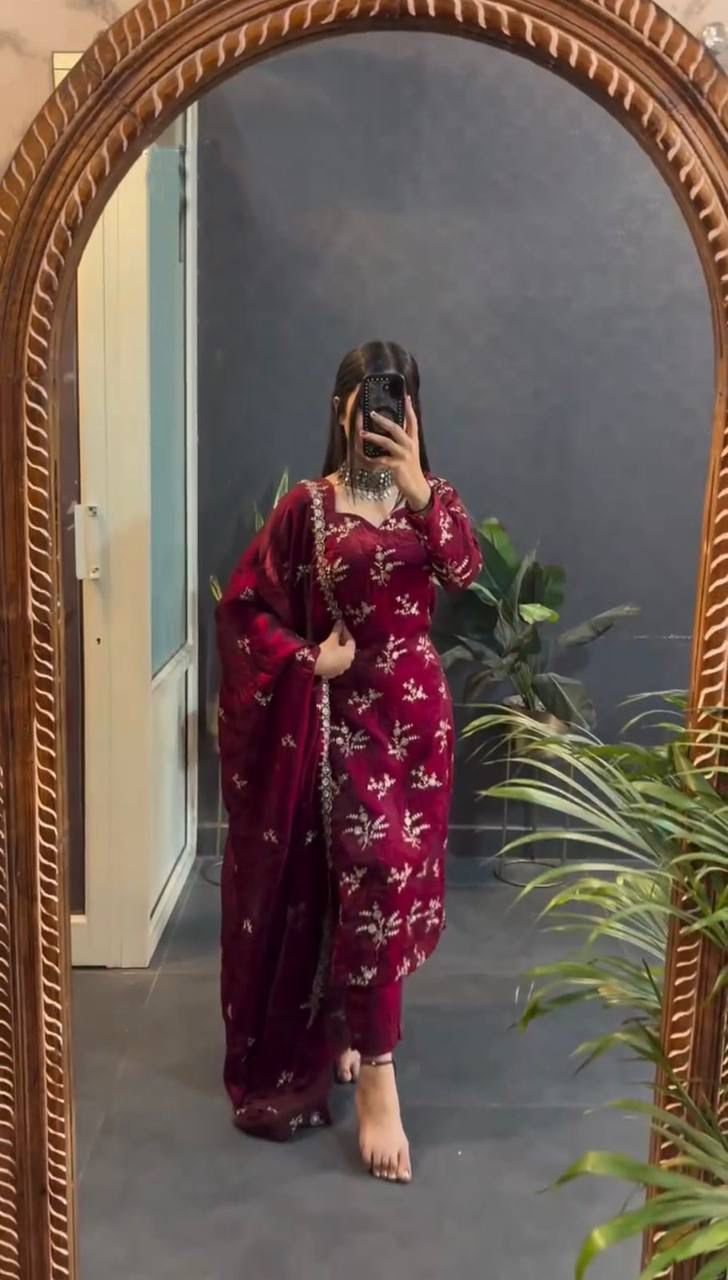 Elegant Crunchy Silk Top-Pant-Dupatta Set with Thread & Sequence Work image 3