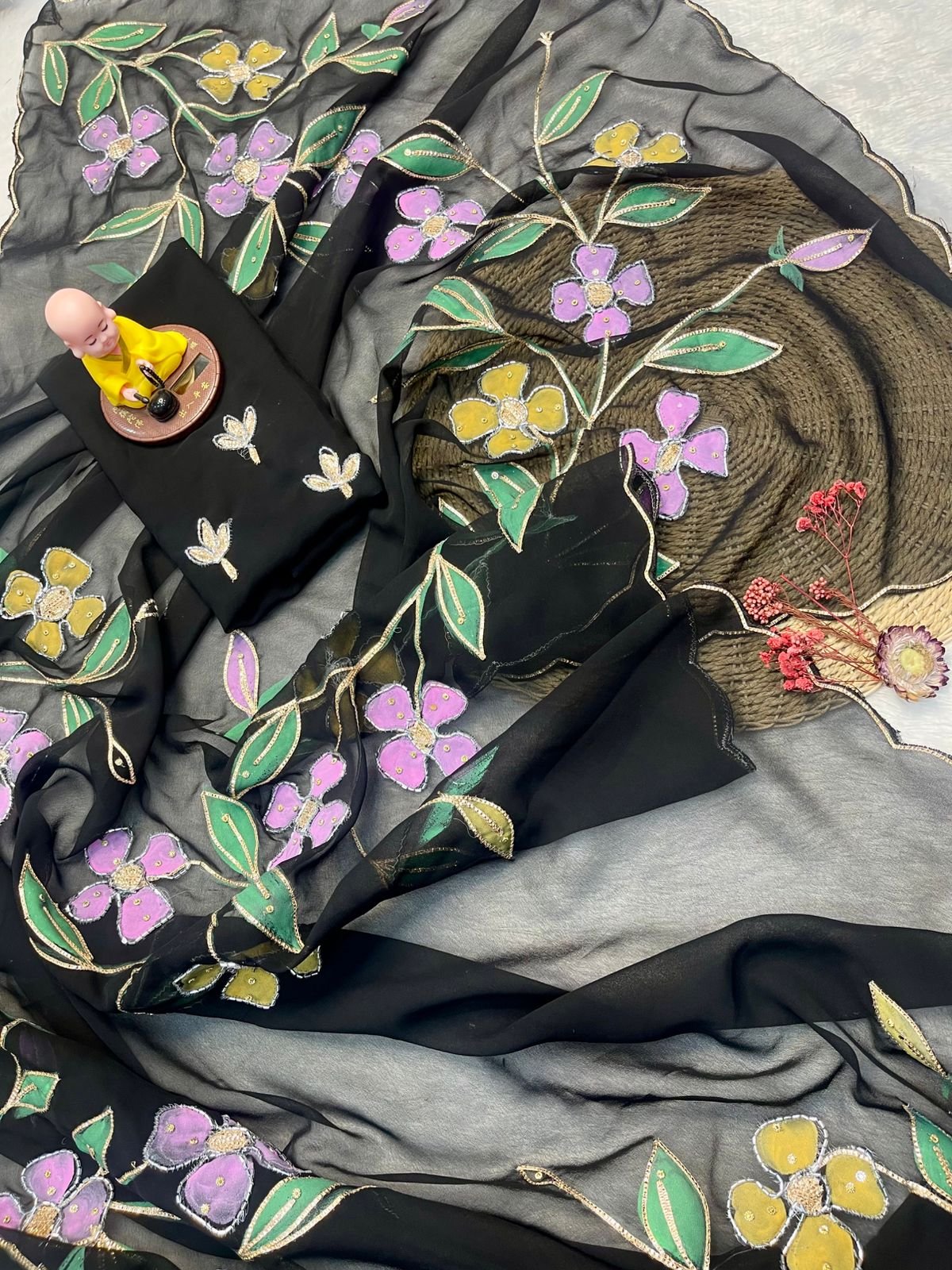 Vanshi Blooming Georgette Saree with Floral Brush Print, Handwork & Khatli Border image 5