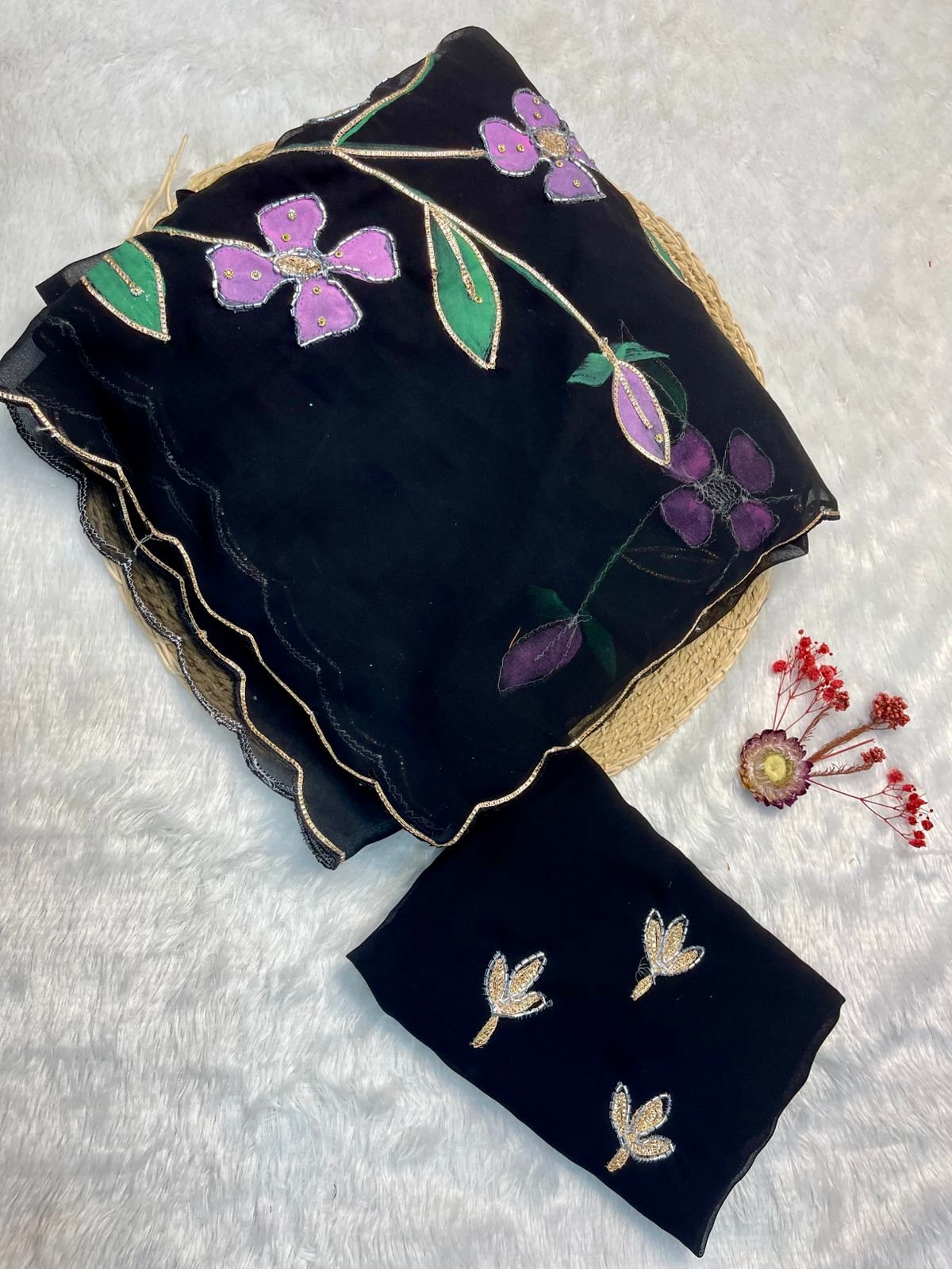 Vanshi Blooming Georgette Saree with Floral Brush Print, Handwork & Khatli Border image 0