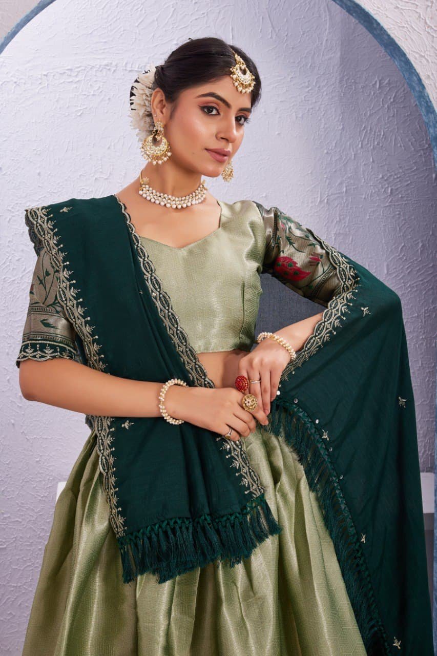Morni Woven Jacquard Silk Lehenga Set with Embroidered Vichitra Silk Dupatta image 9