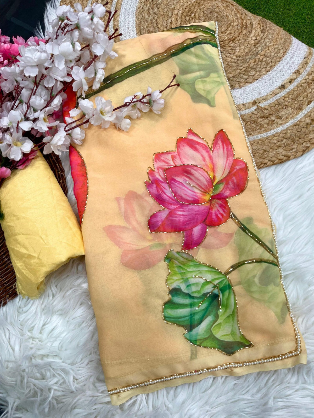 Soft Georgette Saree with Floral Prints & Double Cutdana Moti Border image 9