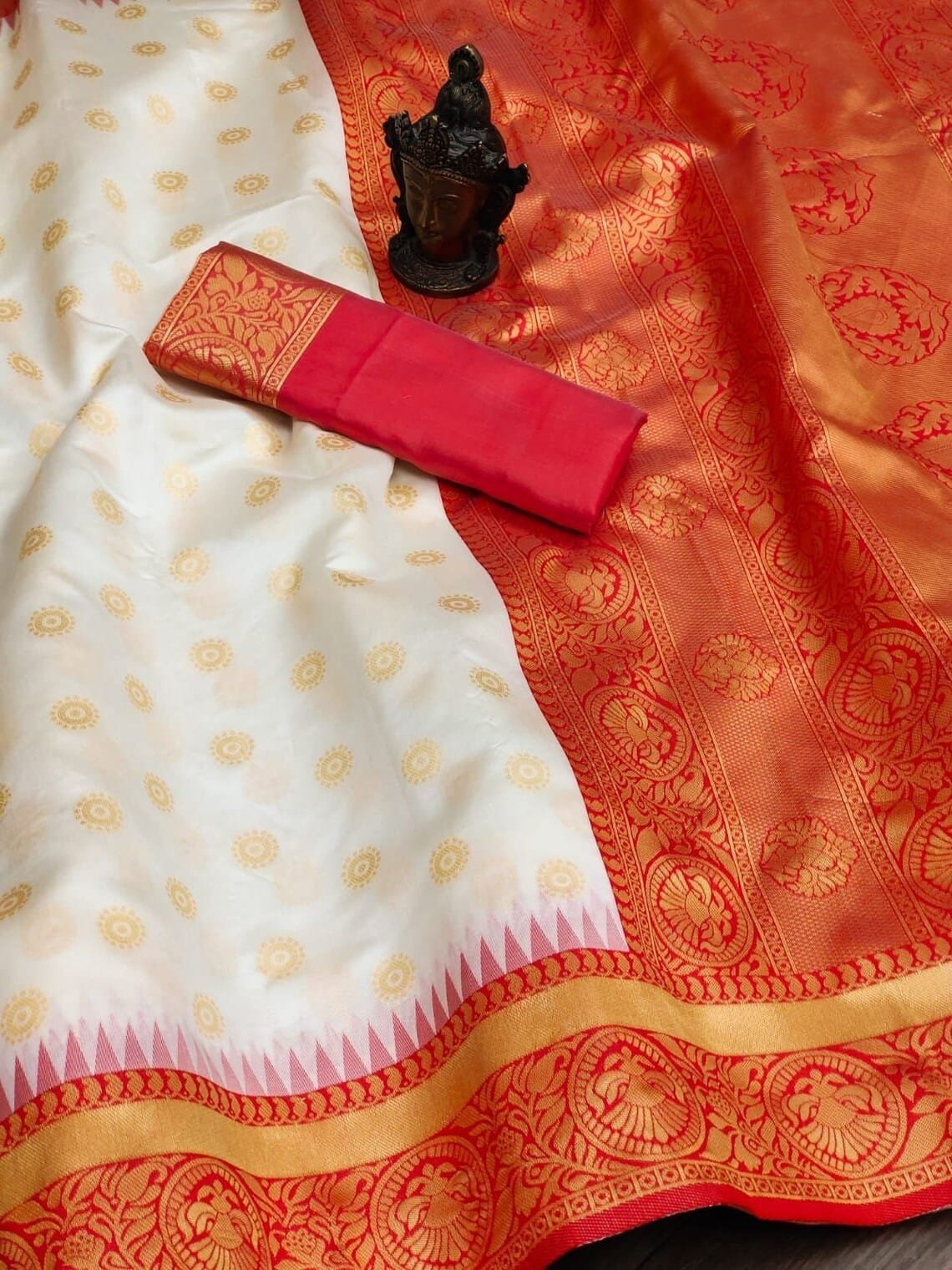 White & Red Soft Lichi Silk Saree with Rich Jacquard Work image 2