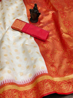 White & Red Soft Lichi Silk Saree with Rich Jacquard Work image 2