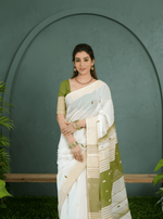 Linen Saree with Gold Jari 5×5 Border & Digital Print image 0