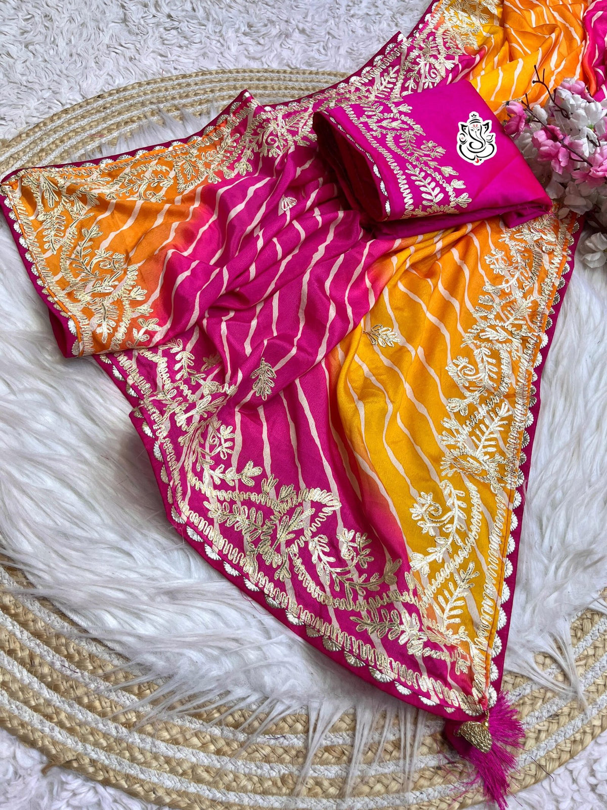 Soft Chinon Silk Leheriya Saree with Heavy Ribbon Gota C Pallu & Butti Work | Designer Mono Work Blouse image 2