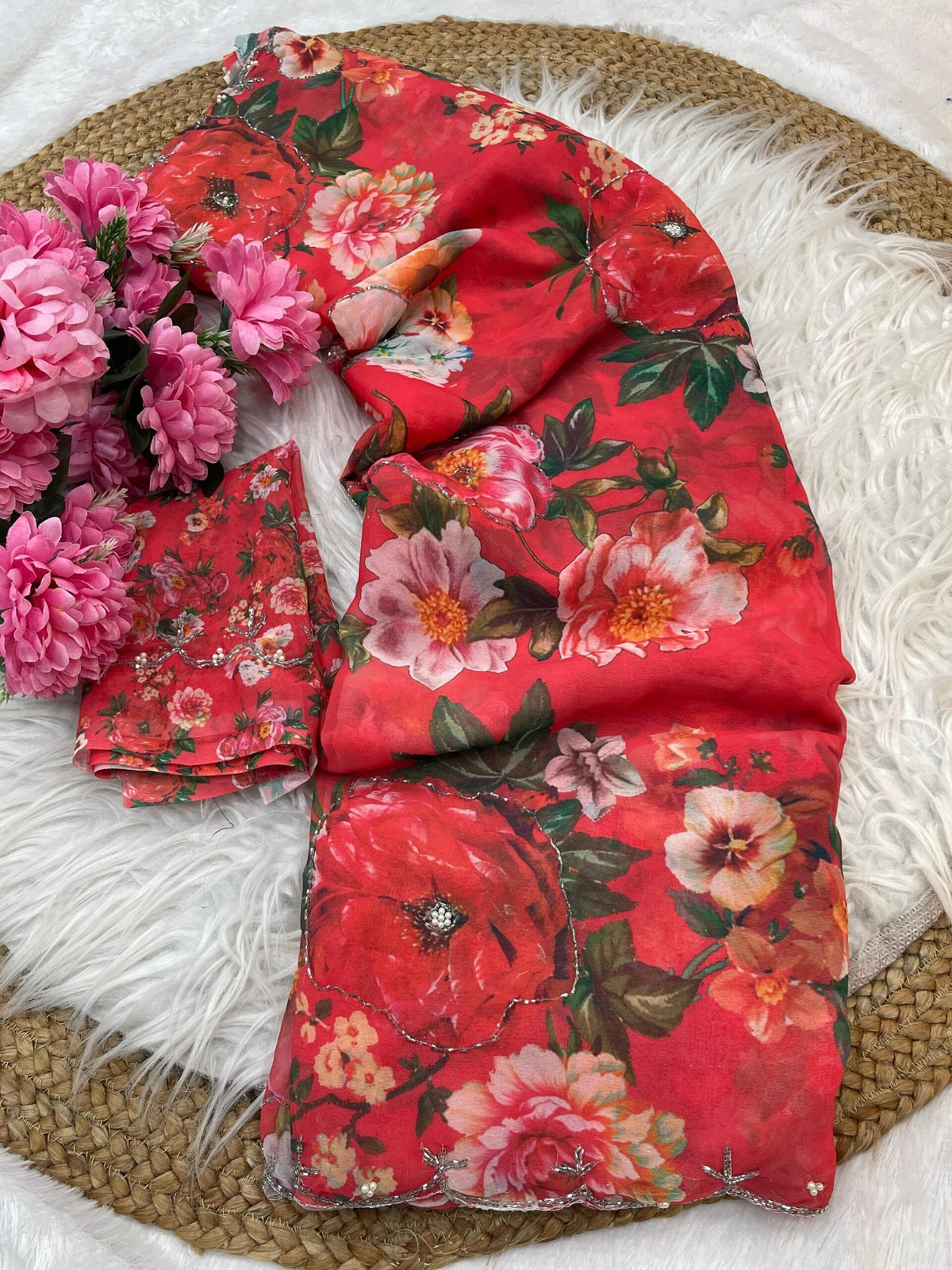 Pure Soft Georgette Saree with Floral Prints & Heavy Hand Khatli + Cutdana Work image 5