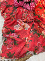 Pure Soft Georgette Saree with Floral Prints & Heavy Hand Khatli + Cutdana Work image 3