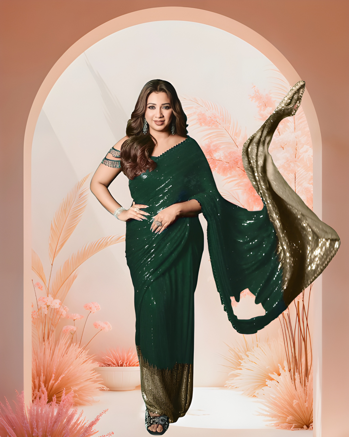 Bollywood Blockbuster Sequin Design Georgette Saree with Cutwork Lace Border image 0