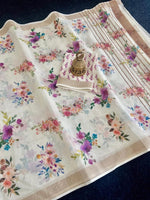 Premium Linen Saree with Subtle Zari Border & Watercolor Style Digital Print | With Blouse image 1