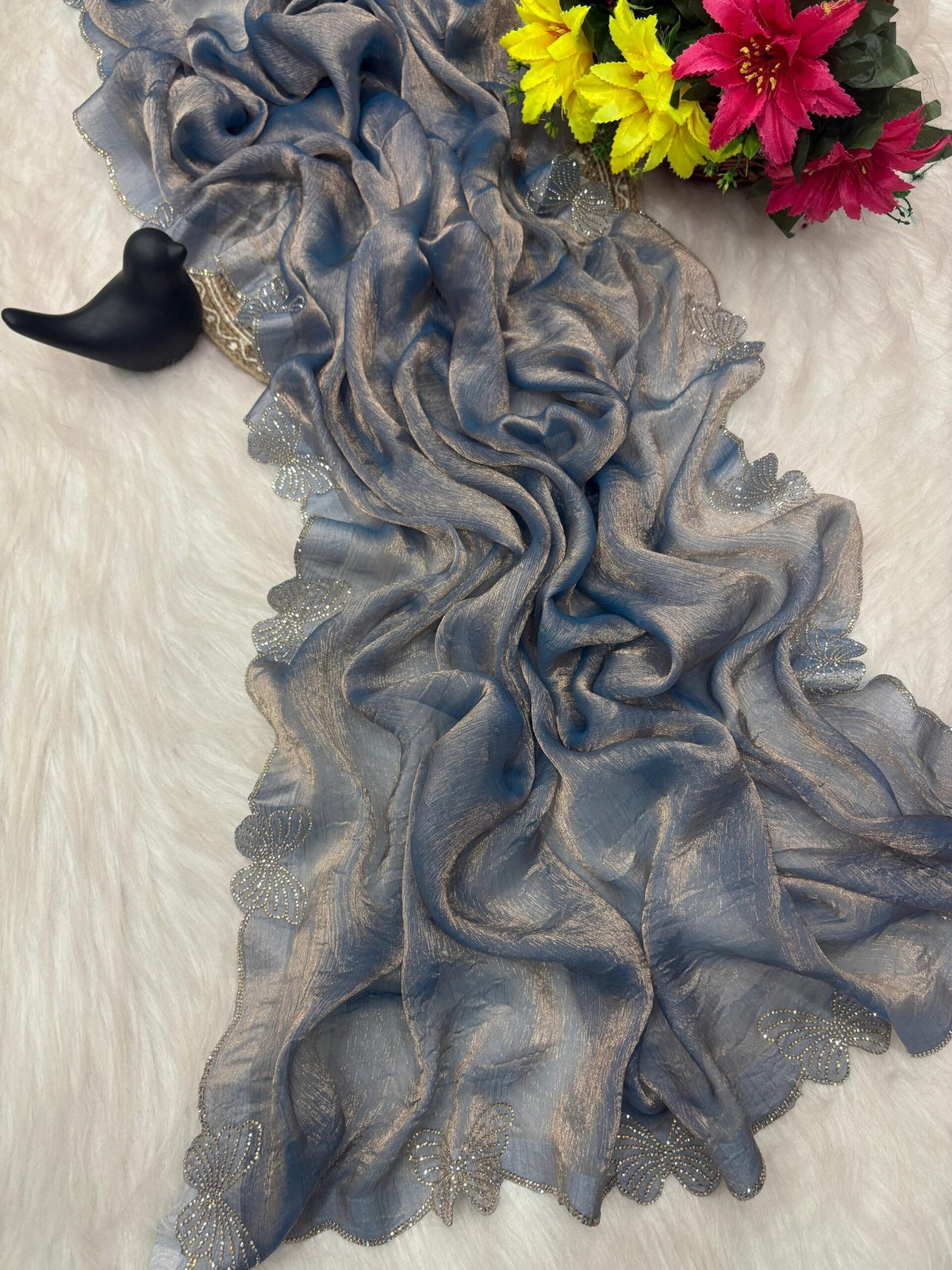 Fandy Chiffon Silk Saree with Butterfly Concept & Diamond Border image 3