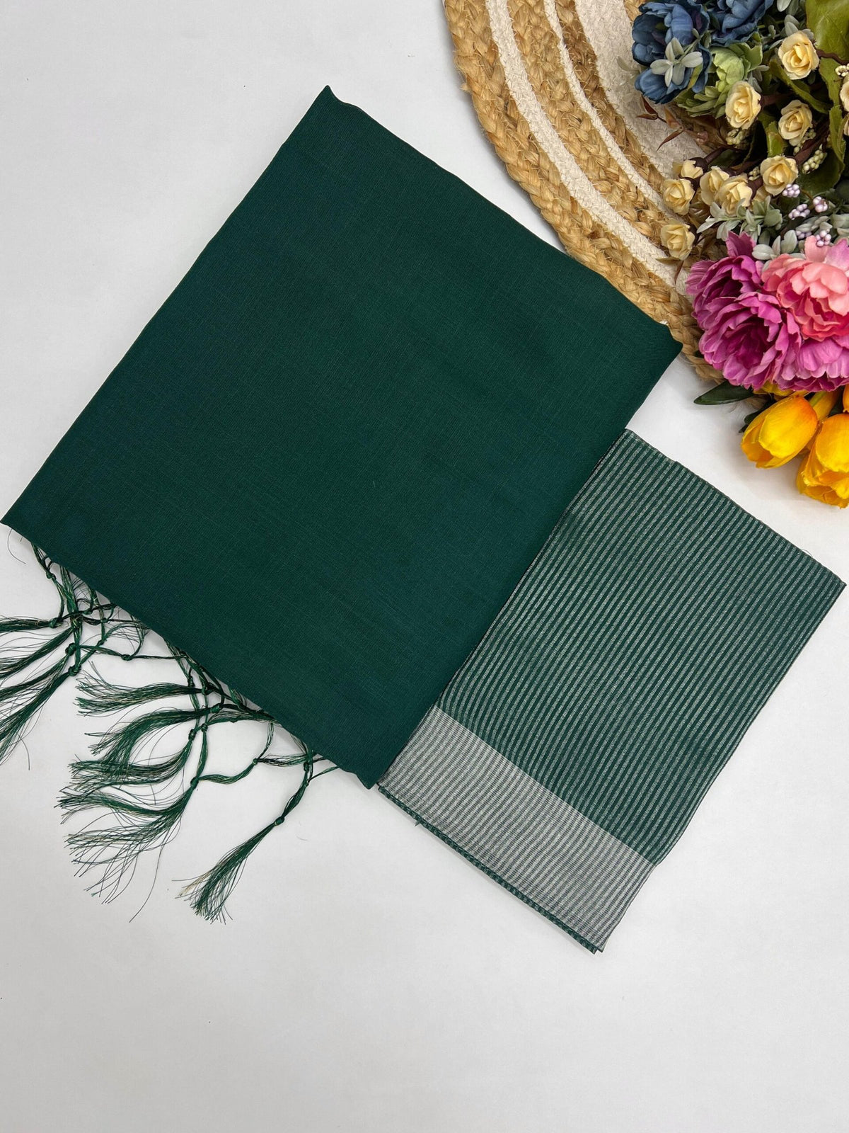 Pure Cotton Linen Saree with Silver Jari Weaving - Dark Green image