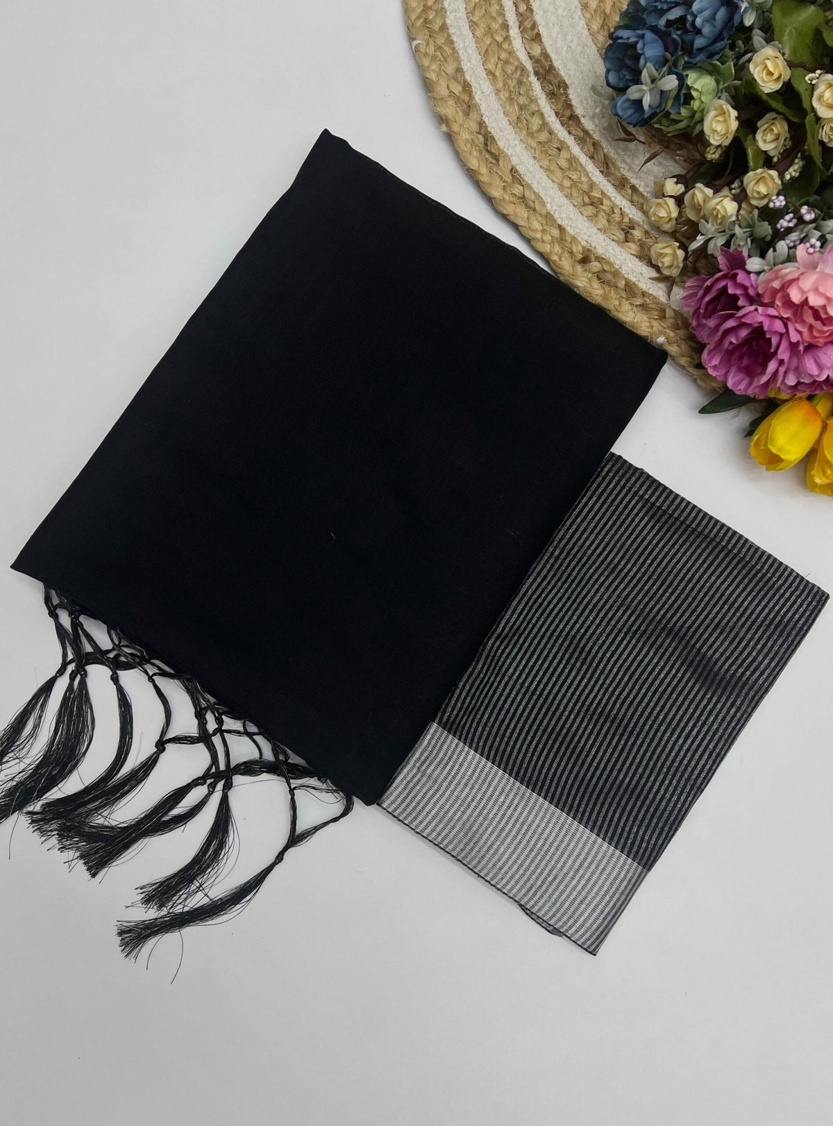 Pure Cotton Linen Saree with Silver Jari Weaving - Black image