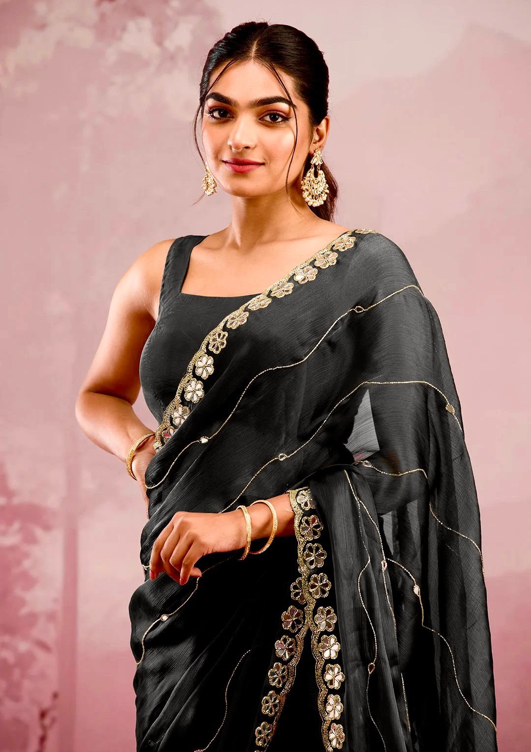 Elegant Burberry Silk Saree with Real Mirror & Embroidery Work image 1