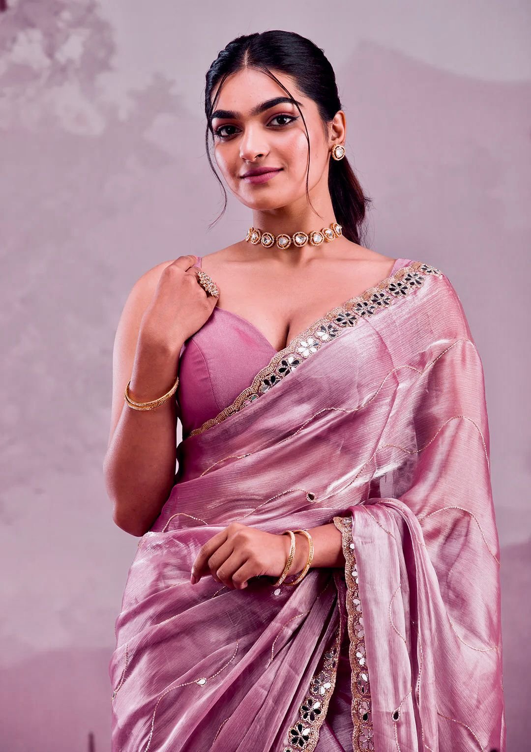 Elegant Burberry Silk Saree with Real Mirror & Embroidery Work - Blush Pink image