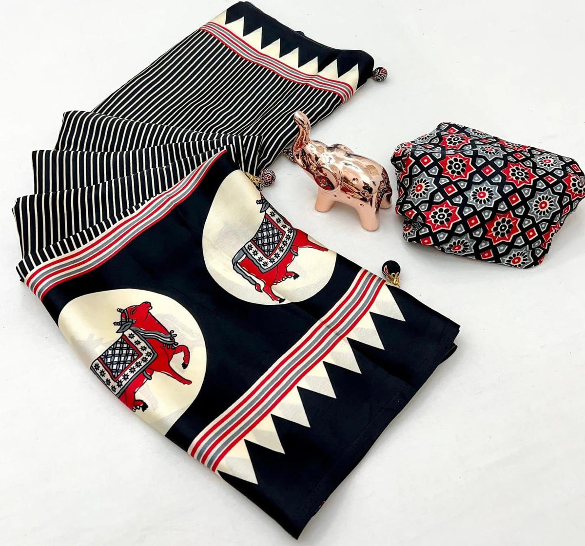 White Zebra – Premium Japan Satin Patola Ajrakh Print Saree - Black image