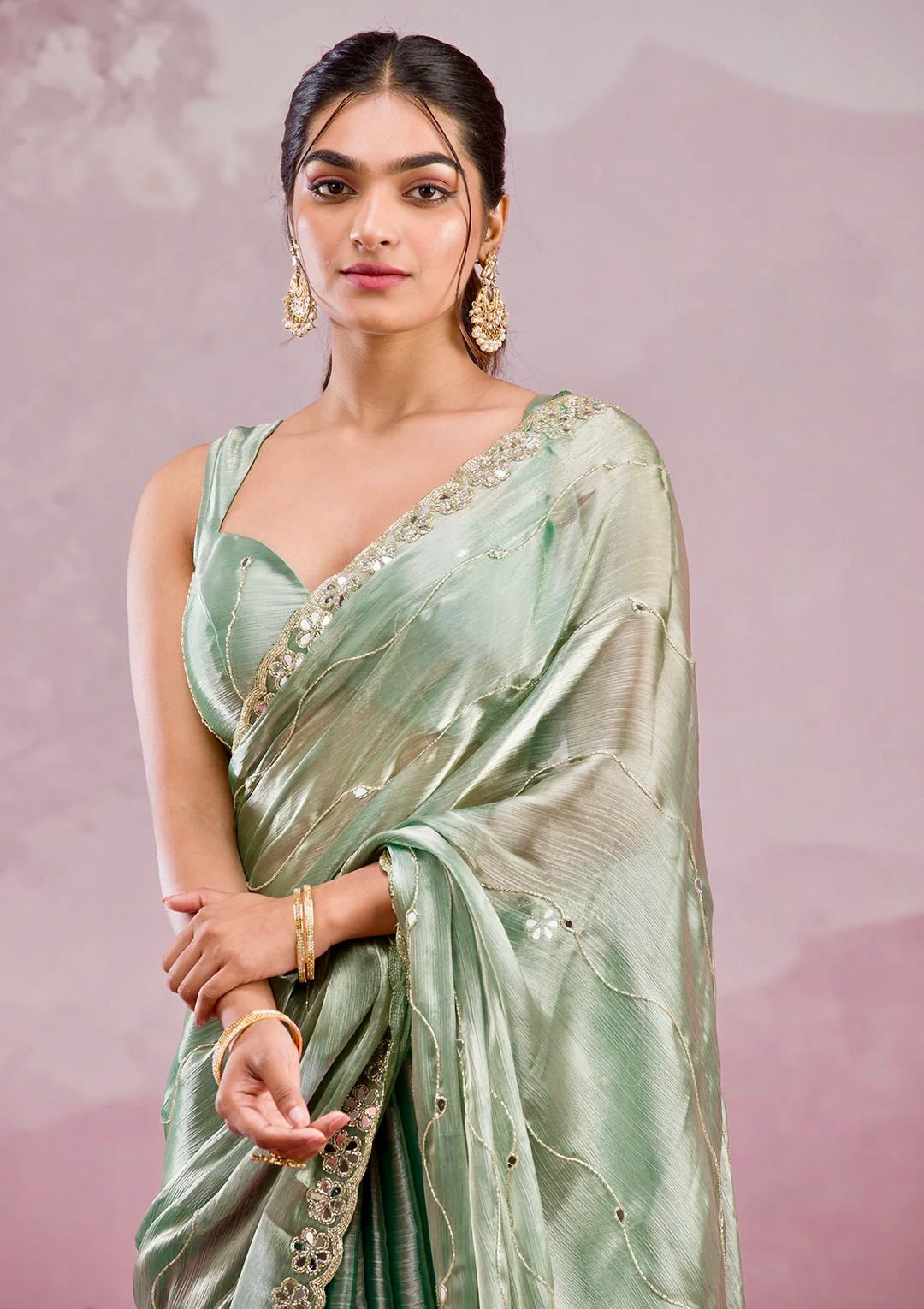 Elegant Burberry Silk Saree with Real Mirror & Embroidery Work - Mint Green image