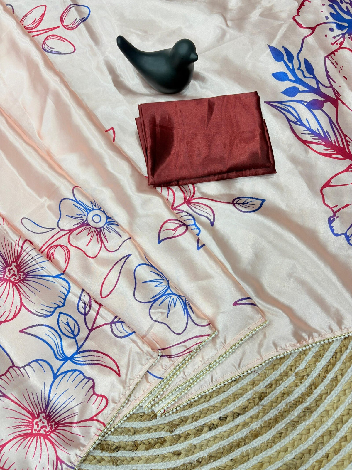 Japan Satin Silk Digital Print Saree with Moti Lace image 9