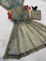 Designer Satin Space Silk Saree with Original Jarkhan Diamond Work – Perfect for Sangeet & Cocktail Parties image 1