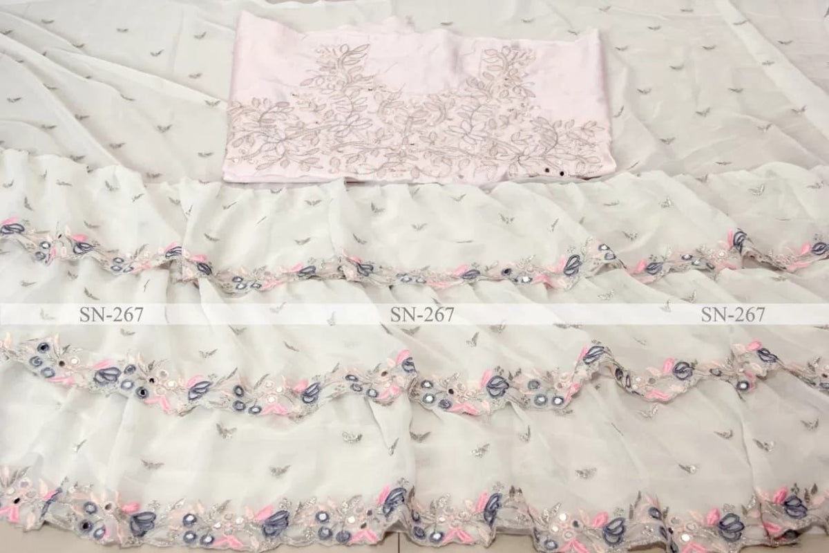 Elegant Maheshwari Georgette Saree with Zari Butta, Ruffles & Mirror Work image 5