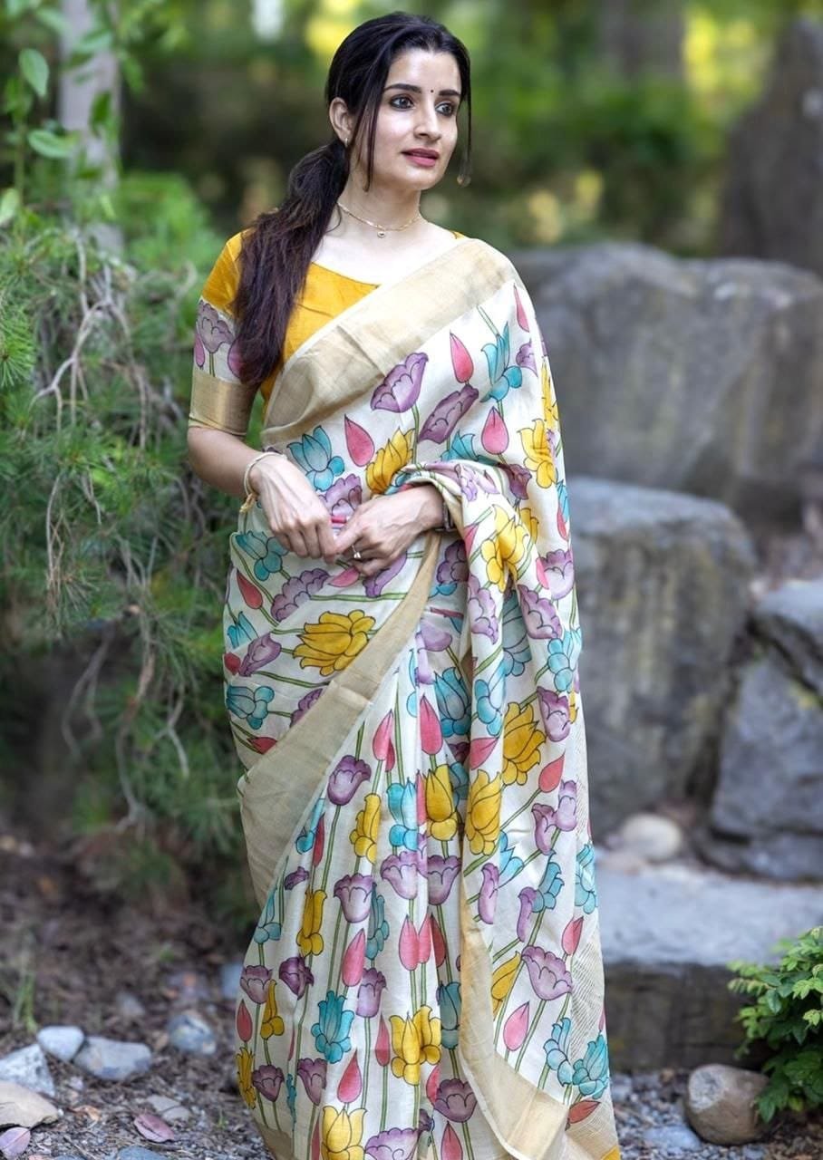 Linen Saree with Gold Jari 5×5 Border & Digital Print image 1
