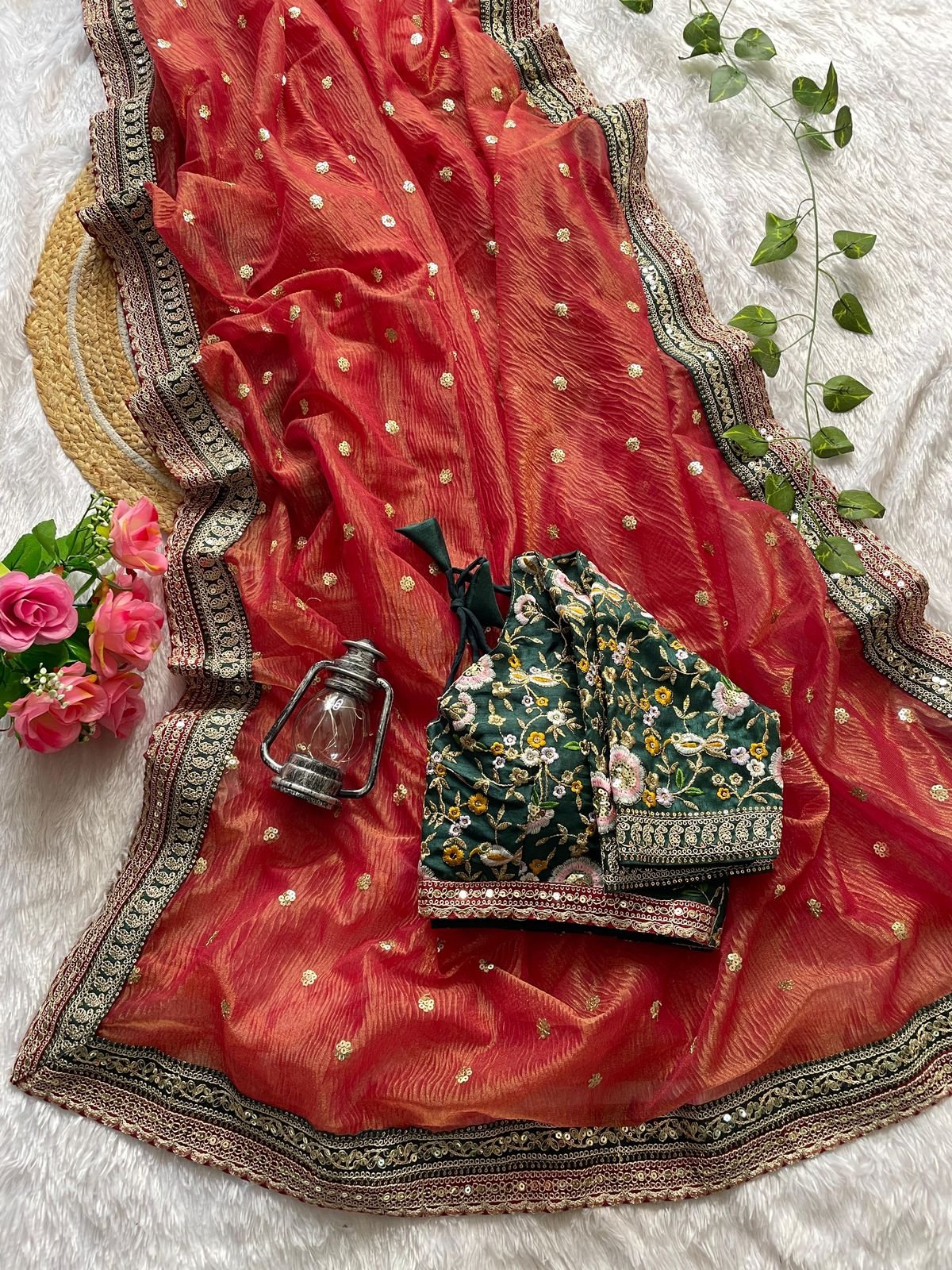 AAROHI Premium Banarasi Crush Saree with Multithread Sequins Butta & Embroidered Blouse image 1