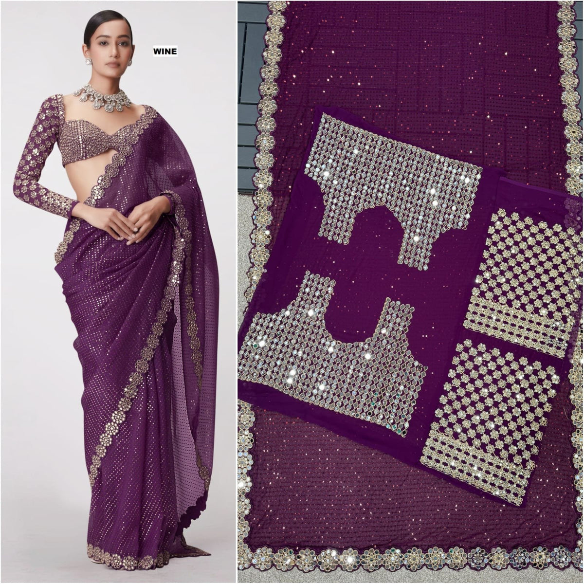Bollywood Blockbuster Mirror Work Sequin Saree in Faux Georgette image 1