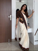 Plain Linen Saree with Digital Print & Matching Blouse - Black image