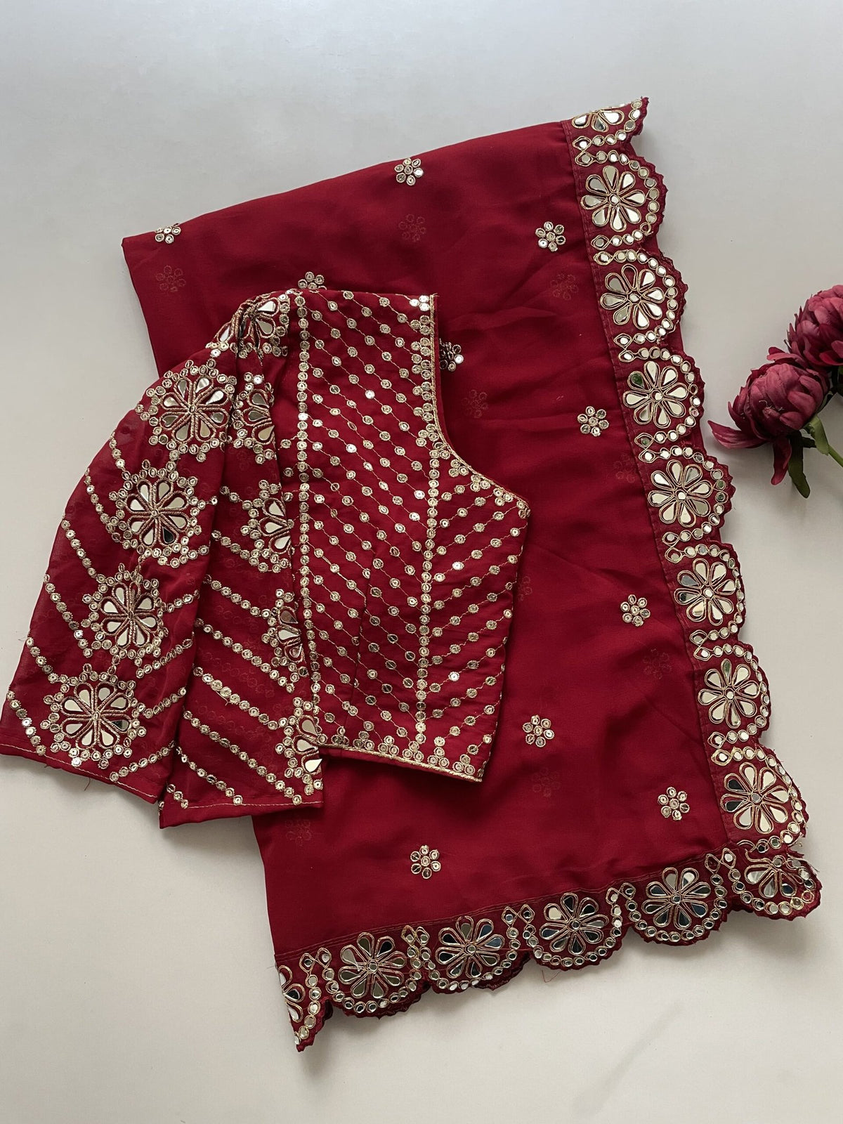Stitched Faux Georgette Saree with Original Mirror & Multisequins Embroidery Blouse image 5