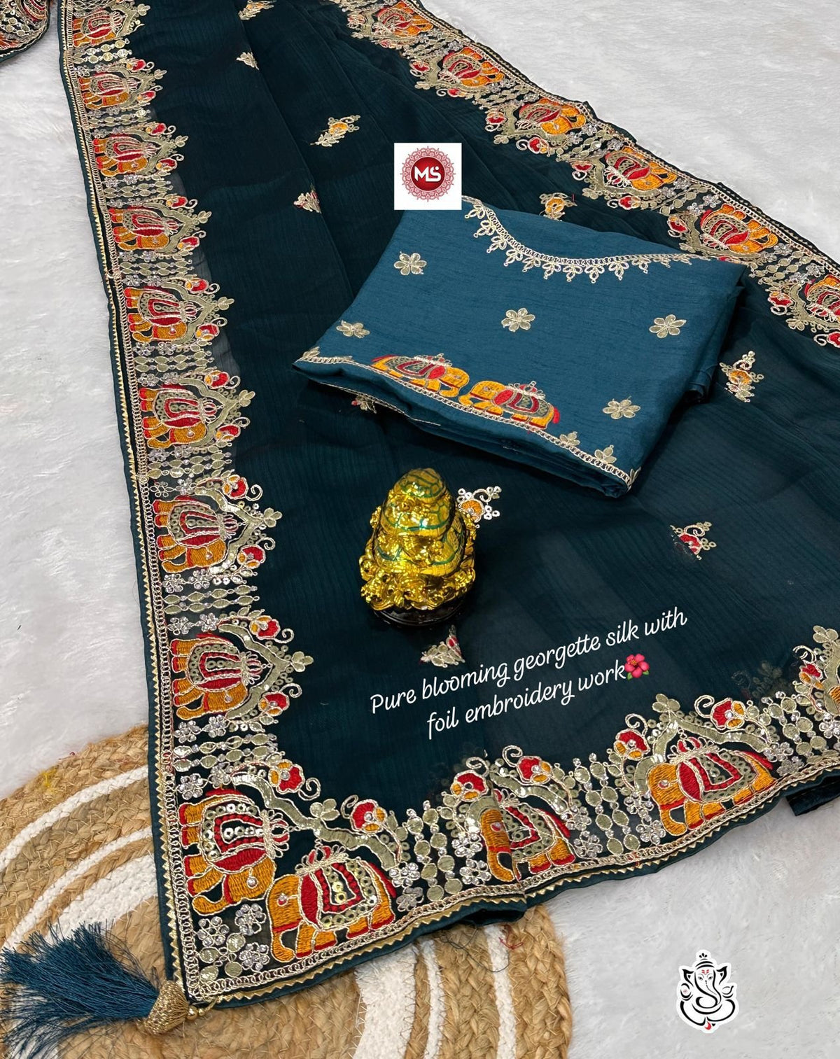 Heavy Silky Blooming Georgette Saree with Thread & Gotapatti Work + Banglori Work Blouse - Teal Blue image