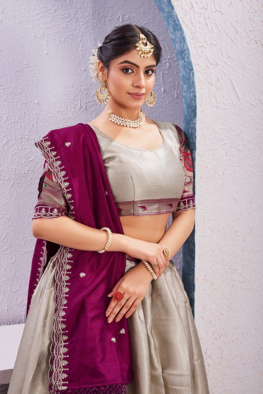 Morni Woven Jacquard Silk Lehenga Set with Embroidered Vichitra Silk Dupatta image 21