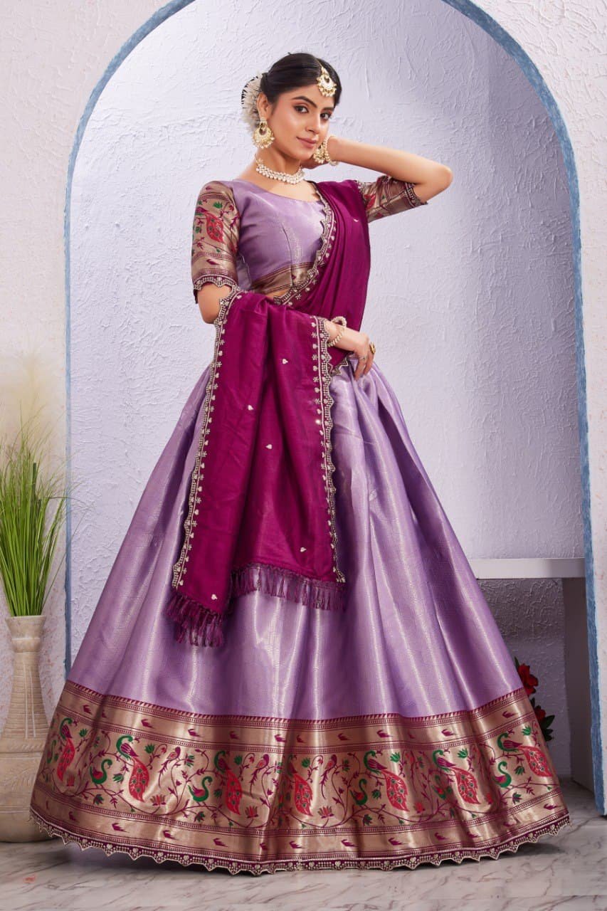 Morni Woven Jacquard Silk Lehenga Set with Embroidered Vichitra Silk Dupatta image 0