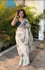 Maskat Pure Soft Tebby Silk Saree with Digital Floral Print & Hand Cutdana-Moti Work image 2