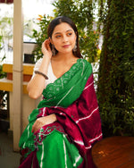 Plain Linen Saree with Mirror & Digital Print Work + Bangalory Satin Blouse - Green image