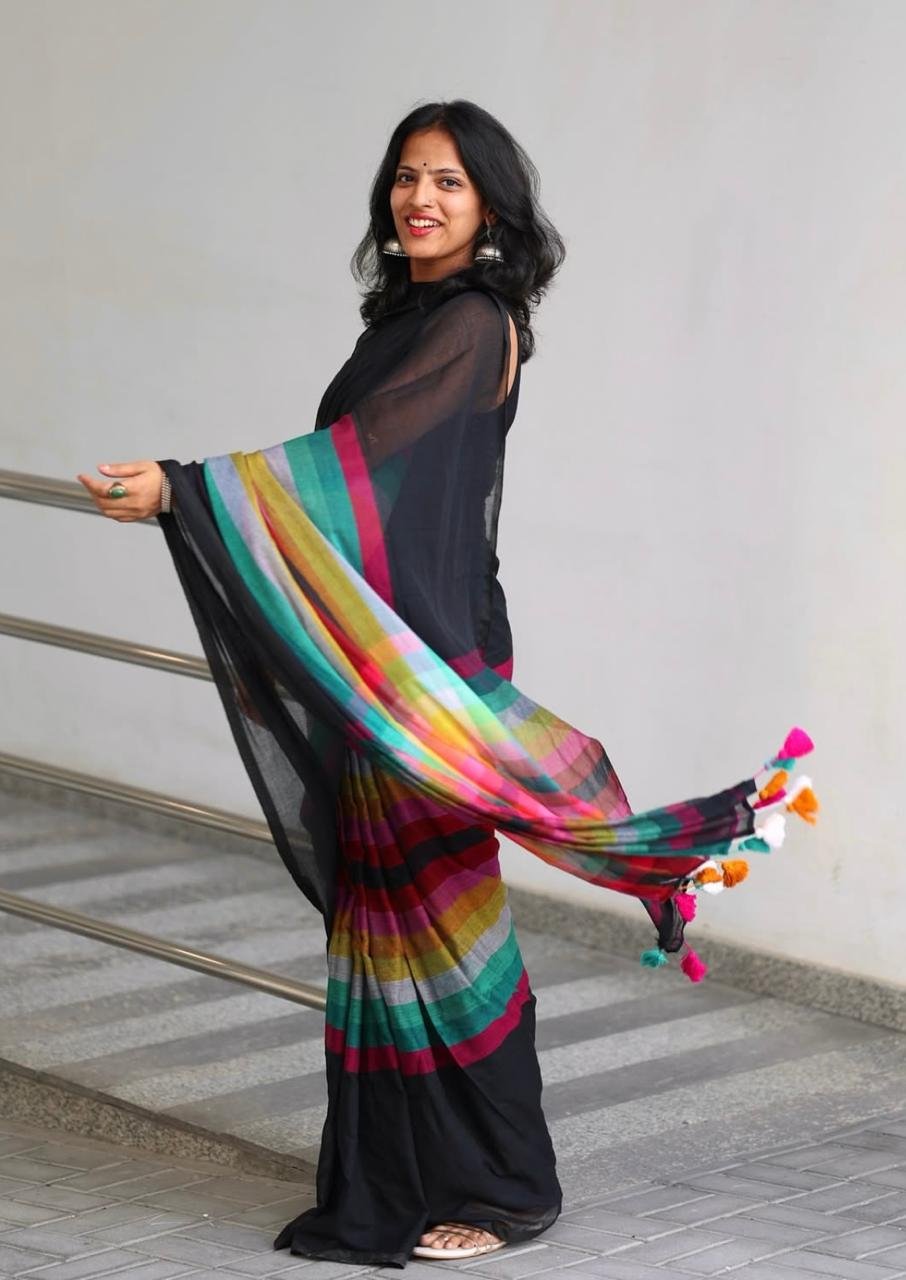 New Arrival Pure Lilan Silk Digital Print Saree with Tussles image 3