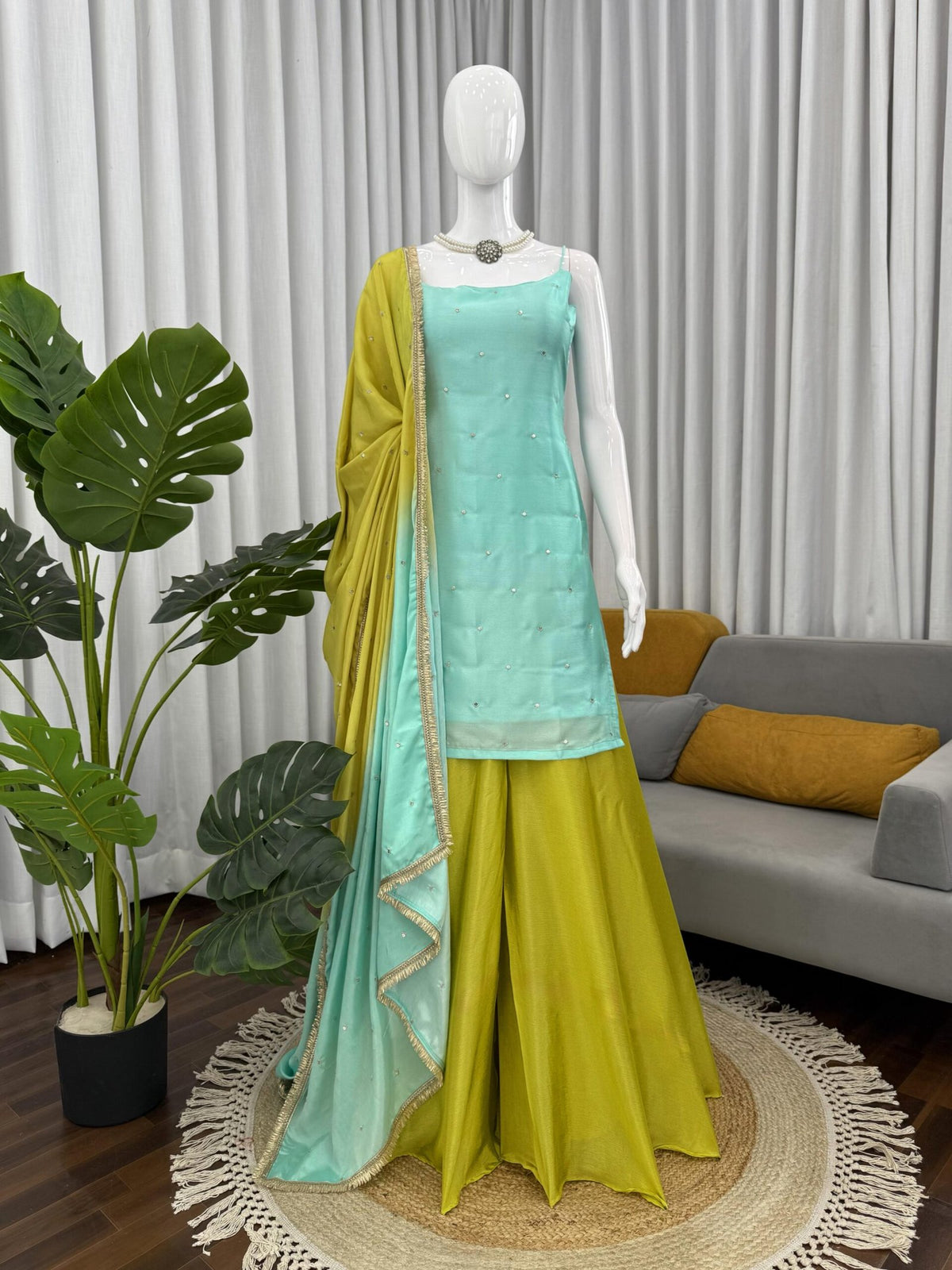Premium Chinon Silk 3-Piece Set with Sequin & Thread Work image 4