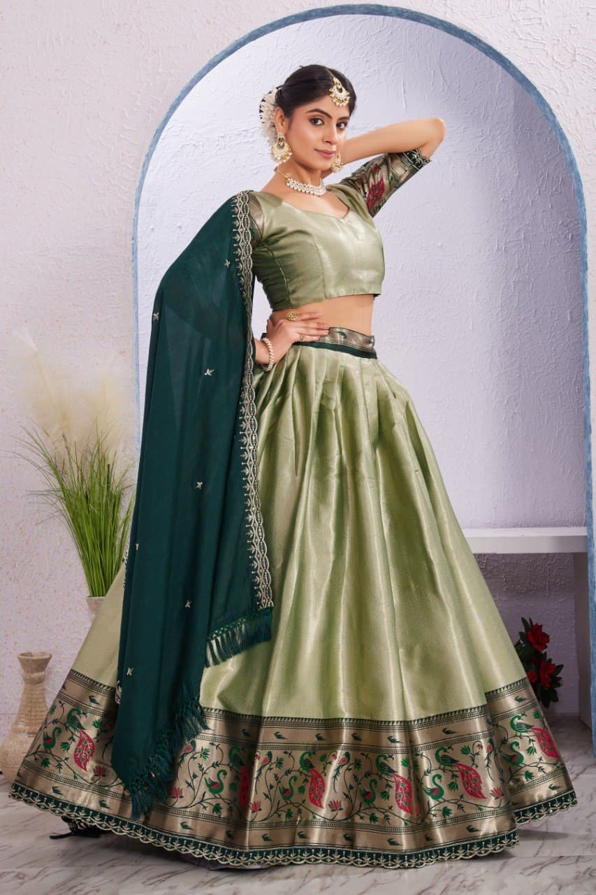 Morni Woven Jacquard Silk Lehenga Set with Embroidered Vichitra Silk Dupatta image 11